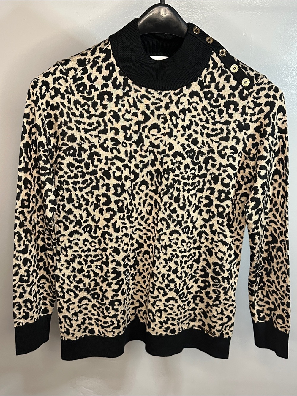 Calvin Klein Black and Cream Leopard Print Button-Shoulder Sweater